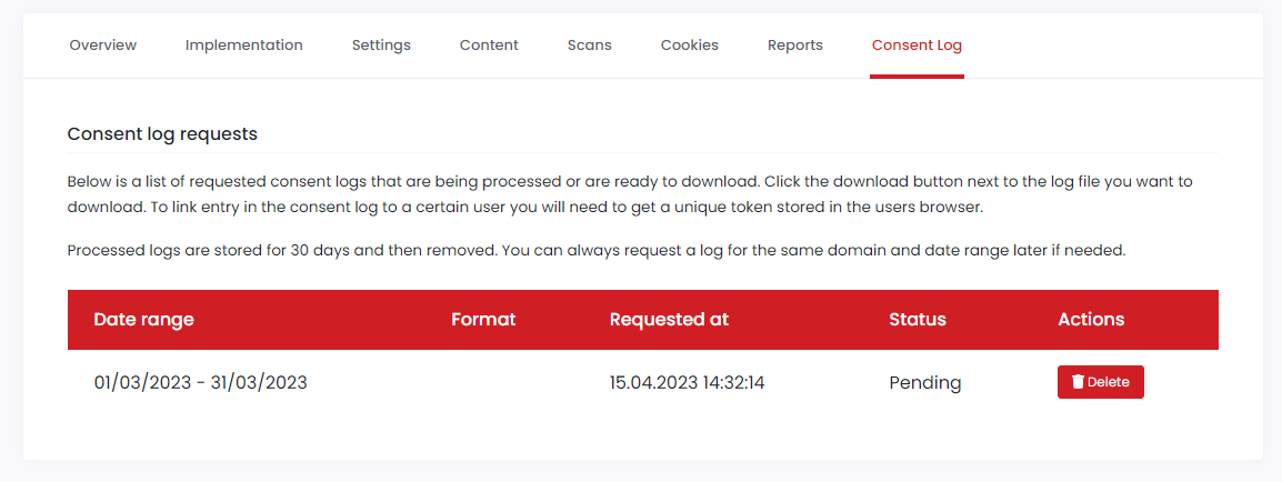 Domain settings - Consent log
