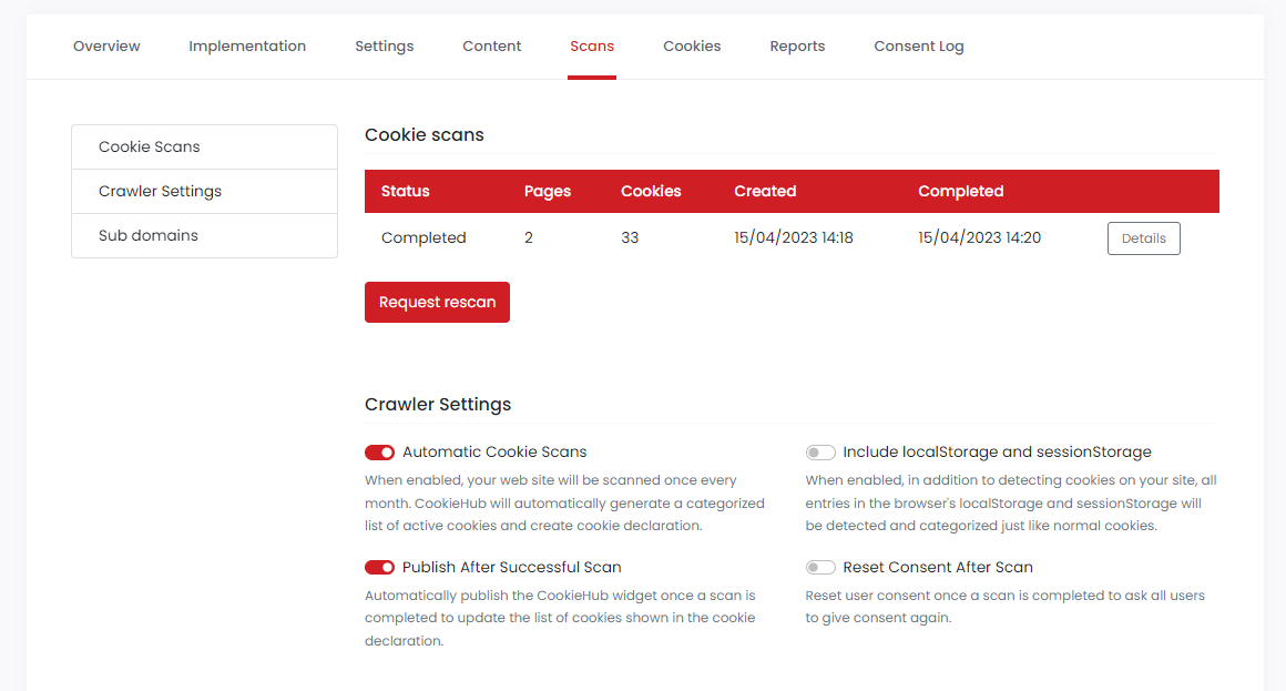 Domain settings - Scans