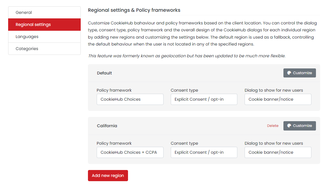 Domain settings - Regions