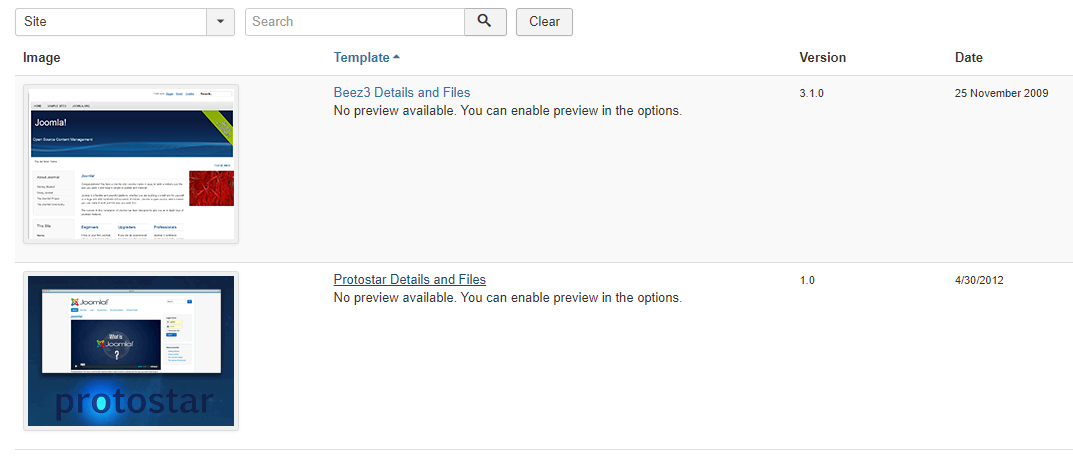 Selecting template in Joomla