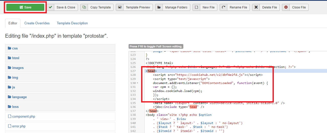 Save changes to template code in Joomla