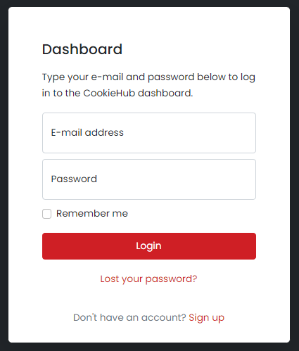 CookieHub login screen